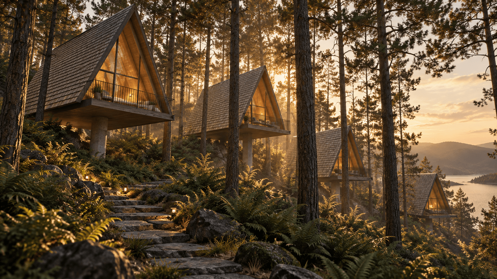 Render de las cabañas Nido entre los pinos, al atardecer