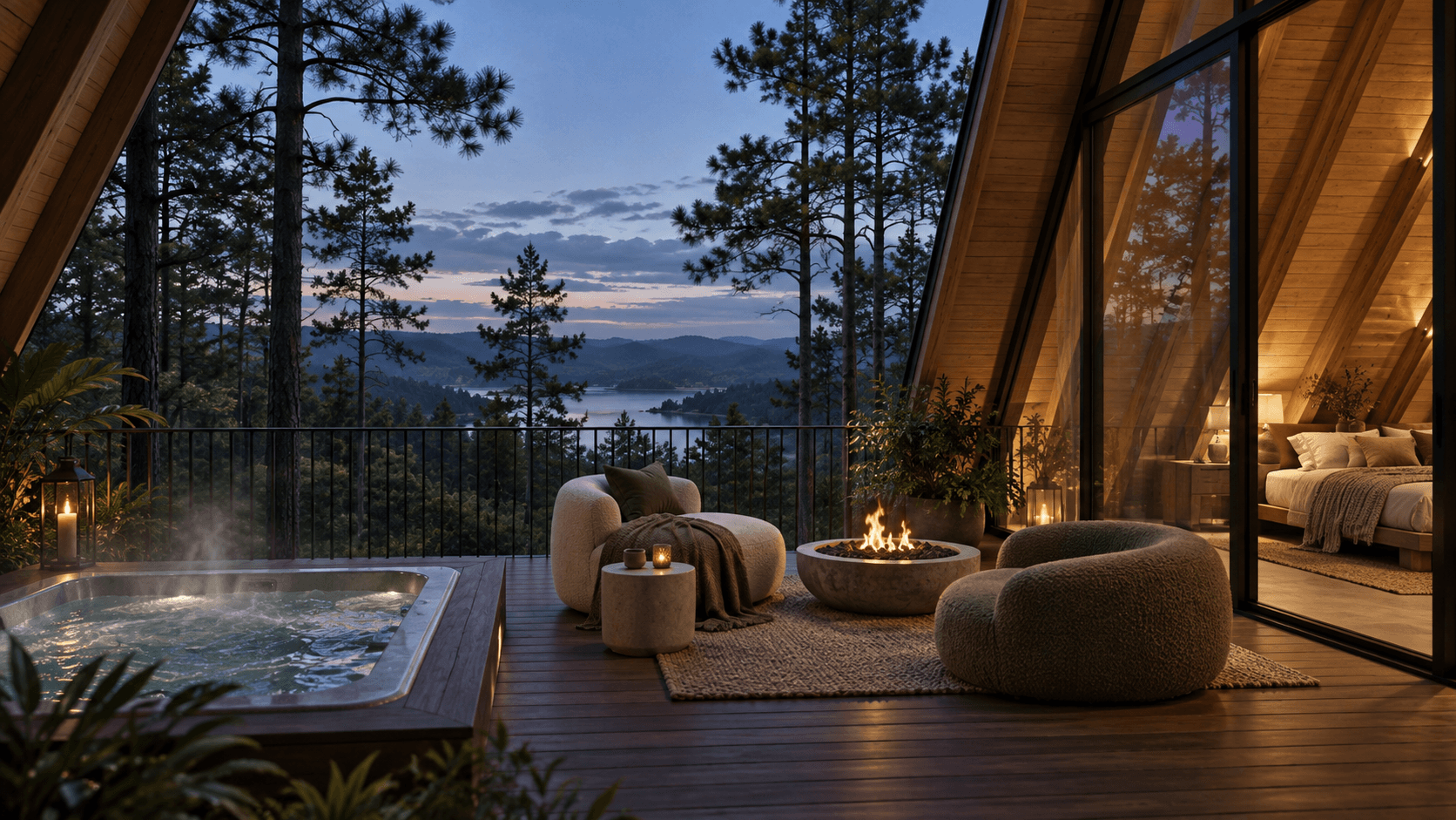 Render de la terraza de una cabaña, con jacuzzi y fogata frente al embalse